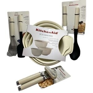 New KitchenAid Almond Cream HACA 8 Pc Utensils Spatula Whisk Spoon 3 MixingBowls